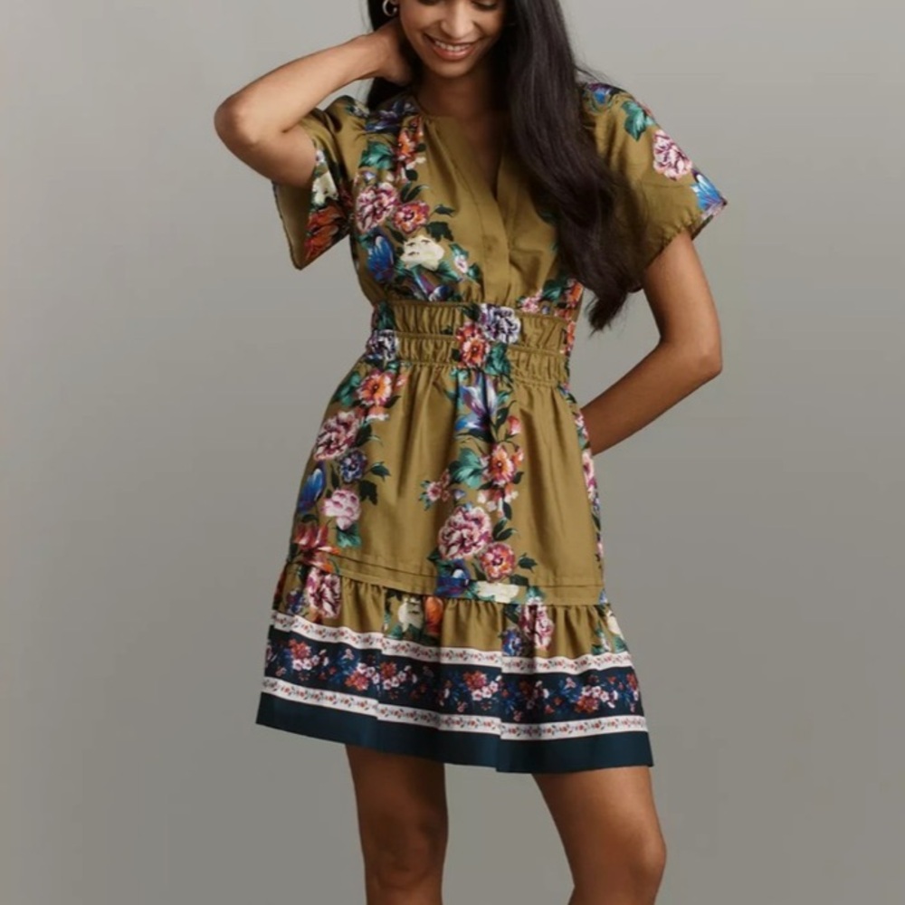Anthropologie Olive Floral Mini Dress with Navy Trim